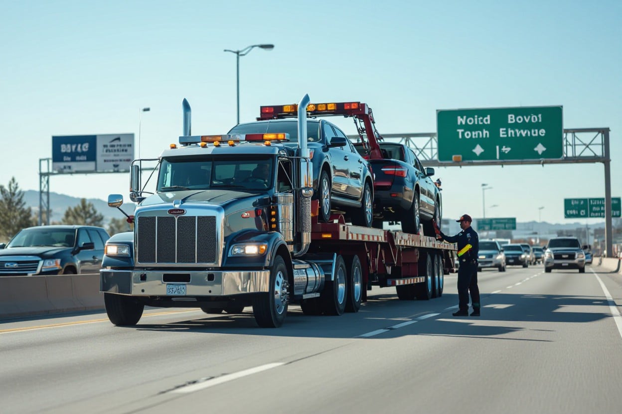Heavy-duty tow truck transporting a semi-truck on the highway in Texas