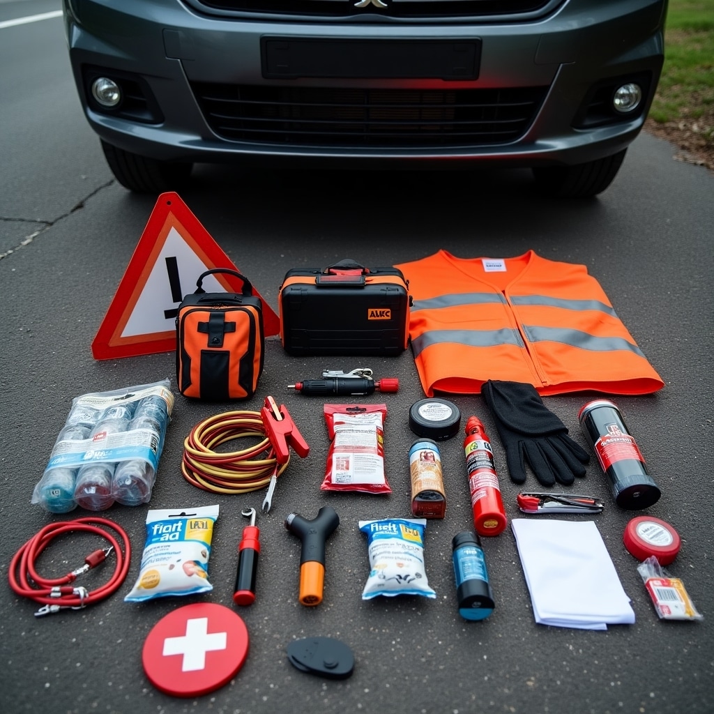 Roadside Emergency Kit Essentials Including Jumper Cables, Flashlight, Tow Strap, And First Aid Supplies Beside A Car