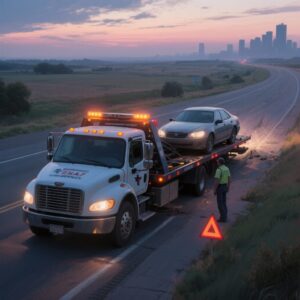 Tow truck loading a car on a Texas highway at night, representing reliable 24/7 car towing service in Texas