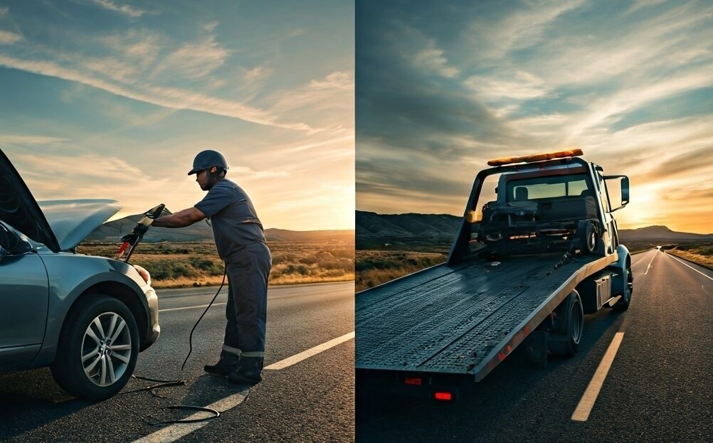 Side-By-Side Comparison Of Roadside Assistance And Emergency Car Towing Services In Texas, Showing A Jump-Start And Flatbed Tow Truck Loading A Car.