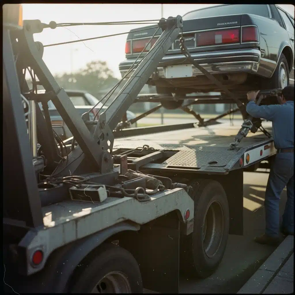 Close-up of a flatbed tow truck loading a car in Texas
